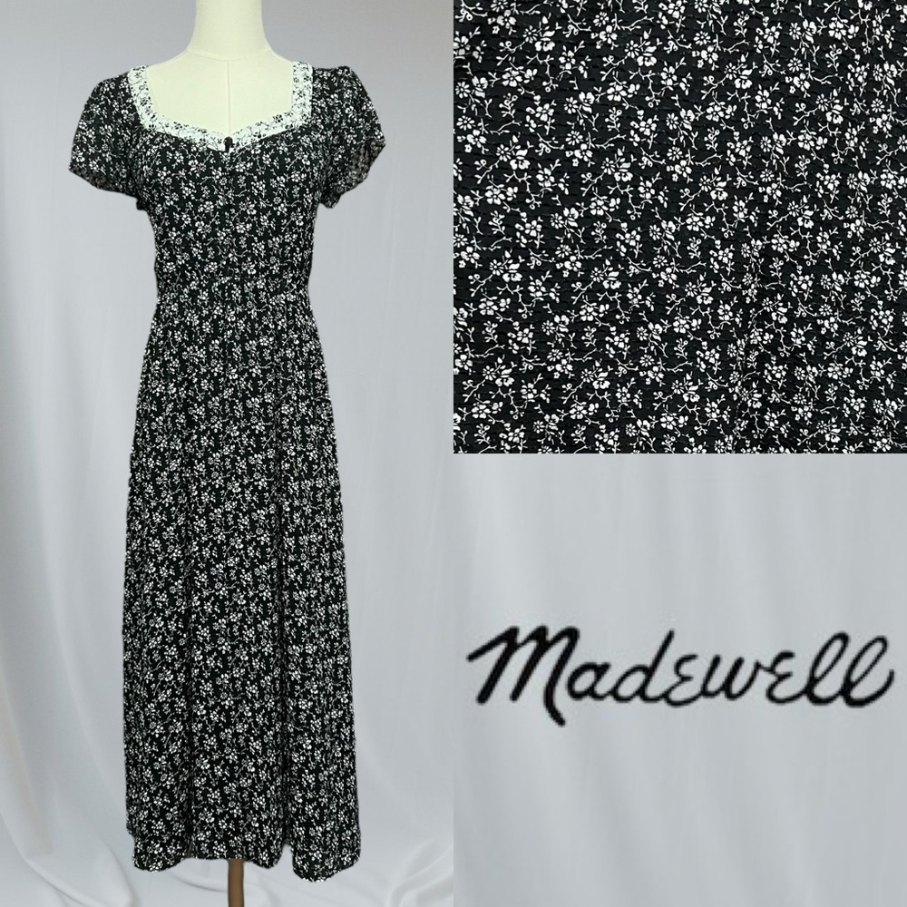Madewell Black Floral Print Boho Prairie Midi Dress Sz 4
